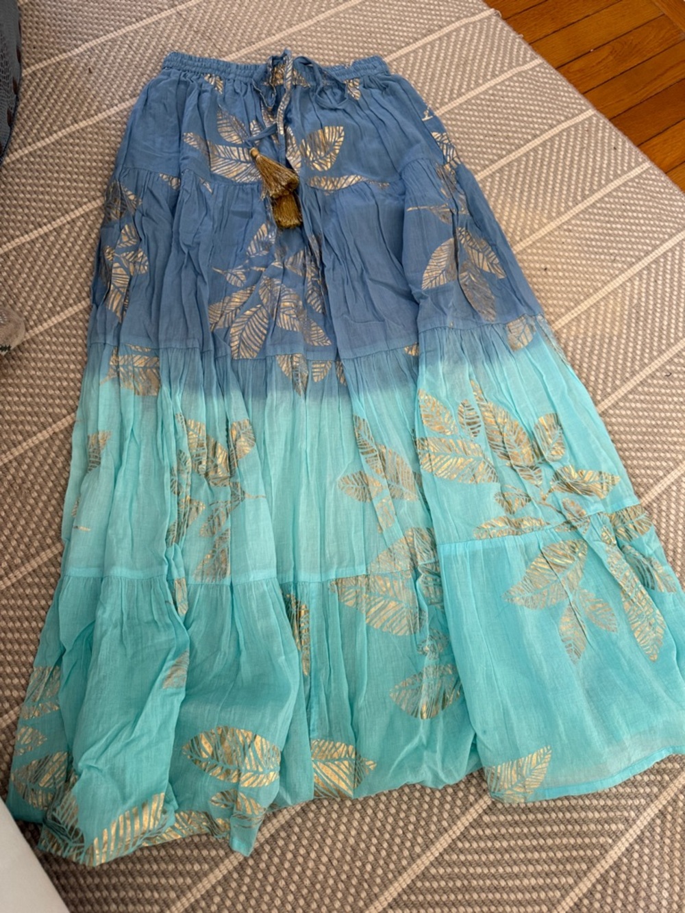 Debbie Katz Boho Ombre Blue-Turquoise Maxi Skirt with Gold Leaf Print - Picture 4 of 4